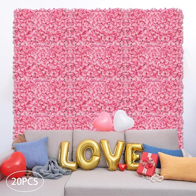 Flower Wall Panels, 20Pcs Artificial Flower Wall 3D Flower Wall Backdrop, 20-Piece Set of Pink Rose Floral Backdrop for Wedding Home Decoration (Pink, 23.6 * 15.7in)