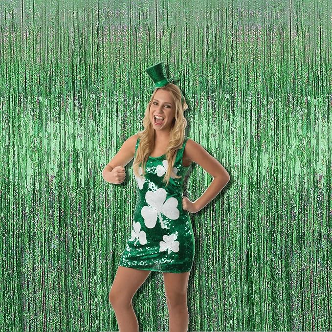 4 Pack Light Green Tinsel Foil Fringe Curtain Backdrop, 3.28Ft x 8.2Ft Metallic Streamers for Photo Booth Props Wedding Bridal Shower Bachelorette Birthday Halloween Christmas Party Decoration