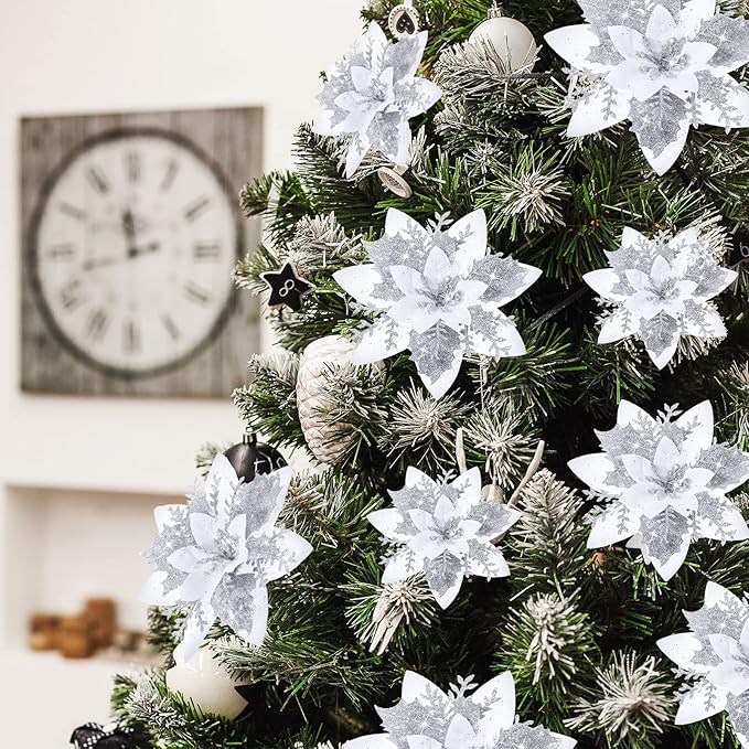 36 Pcs Christmas Glitter Artificial Poinsettia Flowers Xmas Poinsettia Artificial Wedding Flowers Decorations Xmas Tree Ornaments with Clips for Party, 6 Inch, 4 Inch, 3 Inch(Silver and White)