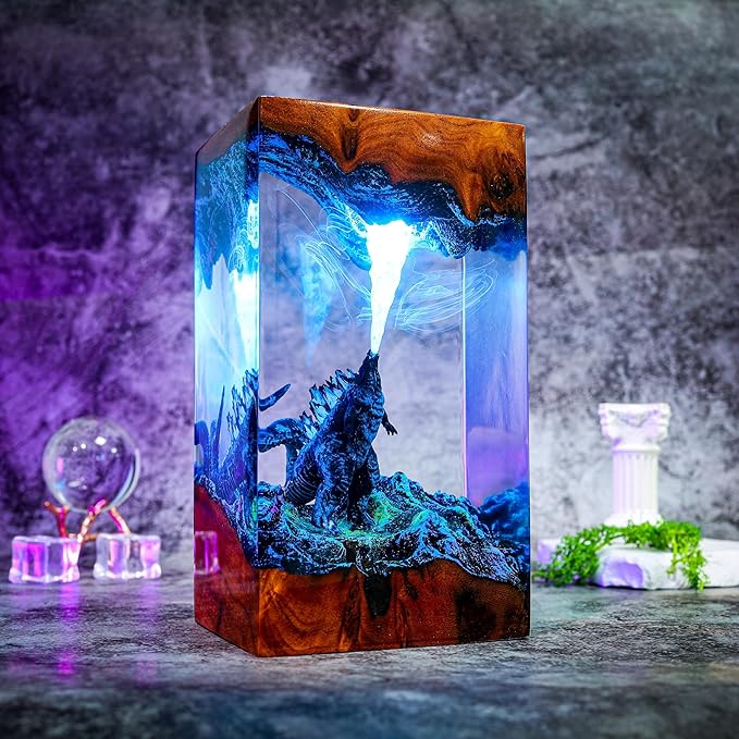 GodziIIa Night Light – Atomic Breath Resin Lamp, Epoxy LED Desk Light for Fans and Collectors, Handmade Movie-Inspired Glow Lamp, Unique Gift for Him, Home or Office Decor