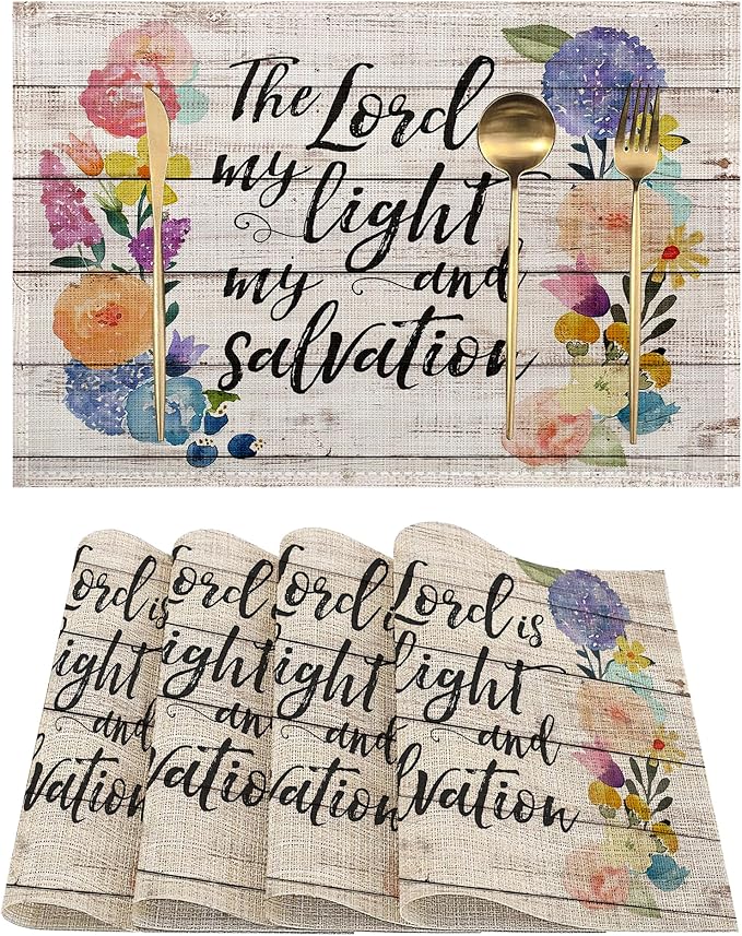 Wooden Flower Love Placemats Set of 4, Linen Place Mats Heat Resistant Non-Slip Washable Table Mats for Dining Kitchen Party Decor 12"x18"