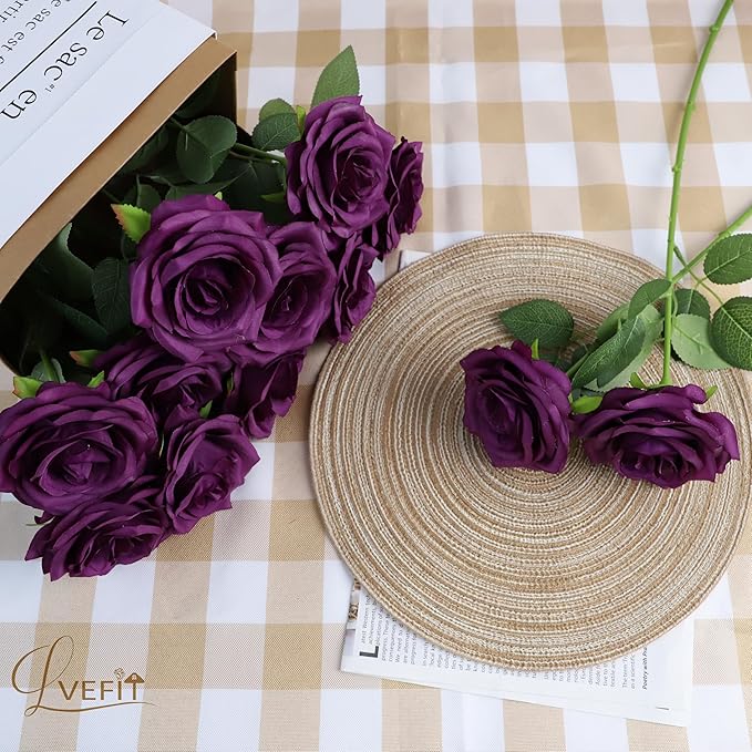 Artificial Rose Flower Plum Flowers Silk Flowers 12 pcs with Long Stem Silk Roses Bouquet for Wedding Bridal Shower Party Home Decoration