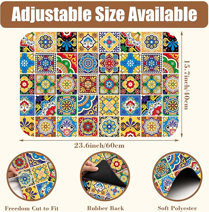 Talavera Mexican Tiles Dish Drying Mat for Kitchen Counter Bar Mat Hide Stain Absorbent Rubber Backed Coffee Mat Maker Espresso Machine Bar Accessories 15.7 x 23.6 Inch