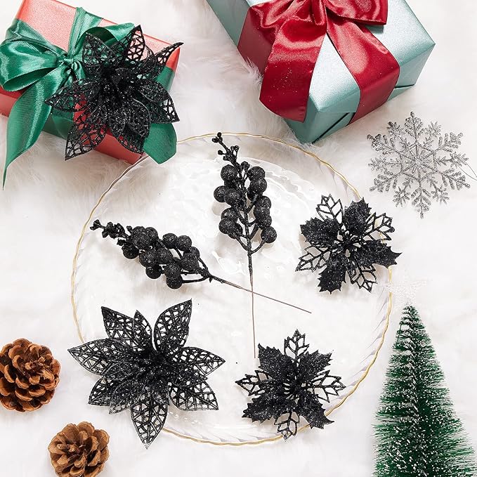 Zhuqing 22Pcs Christmas Poinsettia Artificial Flowers and Glitter Berries Stems Kit, 16Pcs Christmas Tree Flowers Ornaments and 6 Pack Christmas Tree Picks for Wedding Holiday Decorations (Black)
