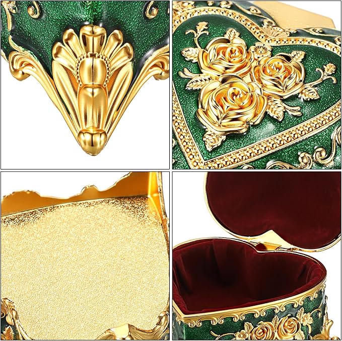 Hipiwe Vintage Jewelry Storage Box Heart Shaped Trinket Box Green Decorative Keepsake Box with Rose Pattern Treasure Organizer Holder for Women