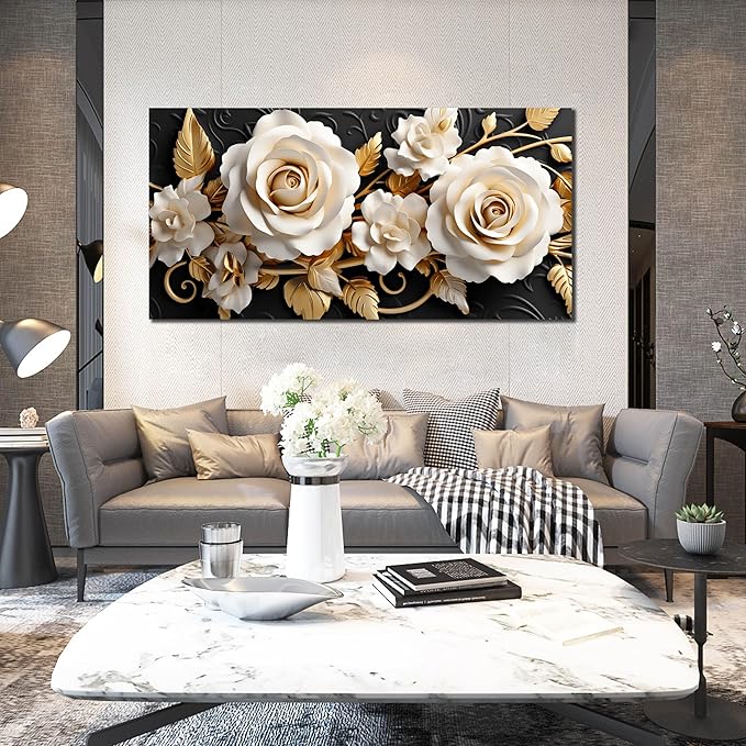 Flower Large Canvas Wall Art for Living Room Bedroom Home Office White and Gold Wall Art Blossom Picture Framed Wall Decor Modern Canvas Prints 29x59 In