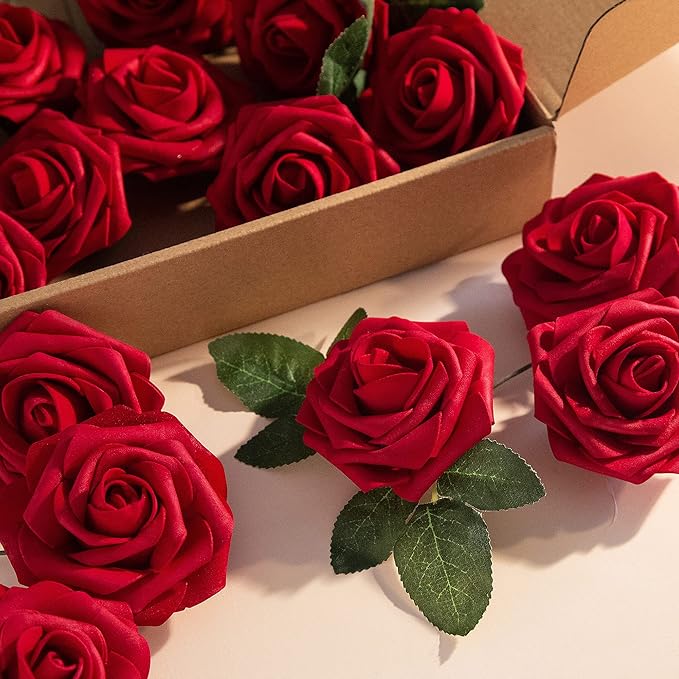 Artificial Flower Foam Rose 25pcs Real Looking Fake Rose with Stems Leaves for Home Decoration Party Garden Centerpieces DIY Wedding Bouquets（Dark Red）