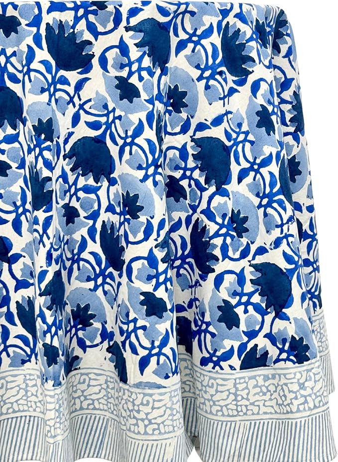 ATOSII Positano Blue 100% Cotton Round Boho Spring Summer Tablecloth, Handblock Floral Table Cloth Linen for Kitchen Dining I Parties Weddings Outdoors Grand Millennial I 60" Inches Round I 4 Seater