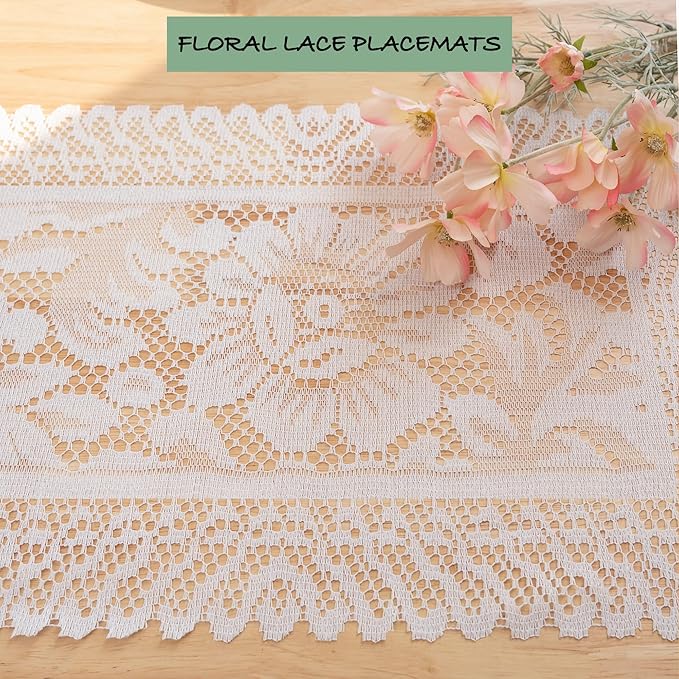 Jayla 2 Pcs Rectangle Lace Placemats for Tables Embroidered Lace Tablemats Vintage Crochet Floral Table Runner Vintage Wedding, Tea Party Decor,12x17 Inch