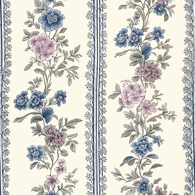 Vintage Floral Wallpaper Peel and Stick Boho Wallpapers 17.5in x 9.8ft Blue/Beige Floral Wall Mural Vinyl Removable Self Adhesive Nursery Modern Wallpaper for Bookshelf Cabinets Bathroom Walls