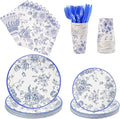 175Pcs Blue Floral Paper Plates and Napkins 25 Guests Blue Toile Chinoiserie Party Supplies Set Include Plates Napkins Cups Spoons Forks Knives for Birthday Wedding