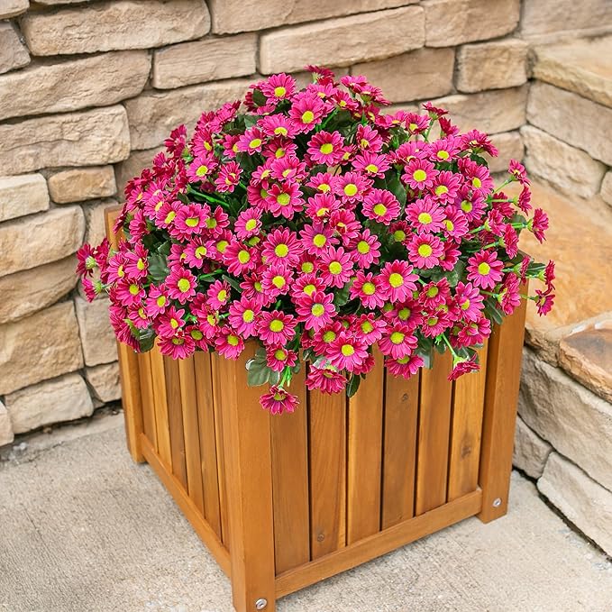 Daisy Artificial Flowers for Outdoors Winter Decoration, 6 Bundles Fake Mums Dark Red Silk Flowers for Outside Look Real UV Resistant Faux Flowers Plants for Planter Front Door Home Indoor Porch