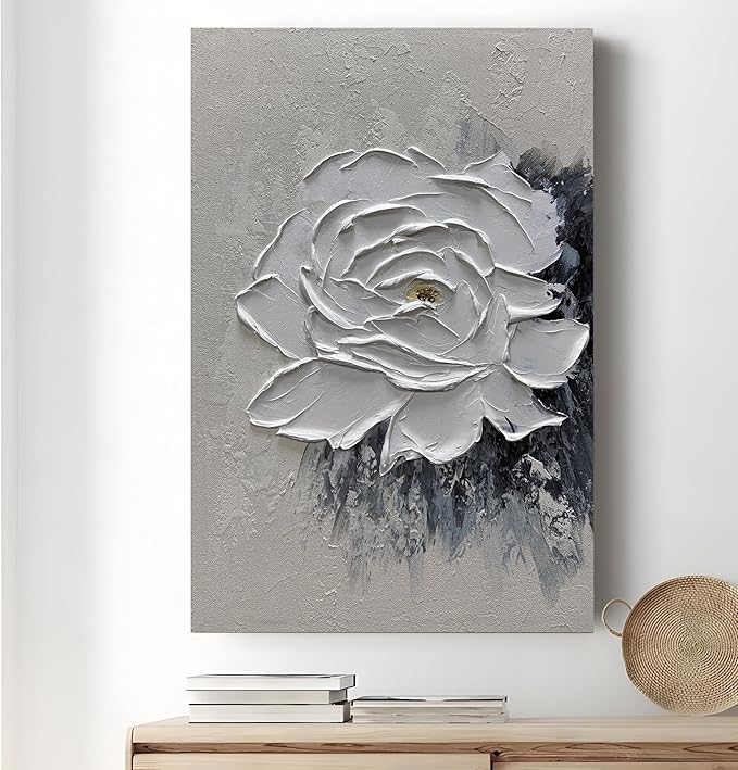 moshinart 24 x 36in Hand-Painted Oil Painting 3D Texture Black White Grey Modern Minimalist Black Abstract Wall Art, Home Office Wall Decoration Camellia