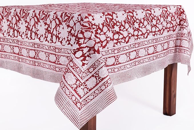 ATOSII Meraki Red 100% Cotton Tablecloth, Handblock Print Rectangle Table Cover for Kitchen Dining I Tabletop Linen I Thanksgiving, Christmas, Wedding, Fall Table Cloth 72 X 108 Inches I 8 Seater