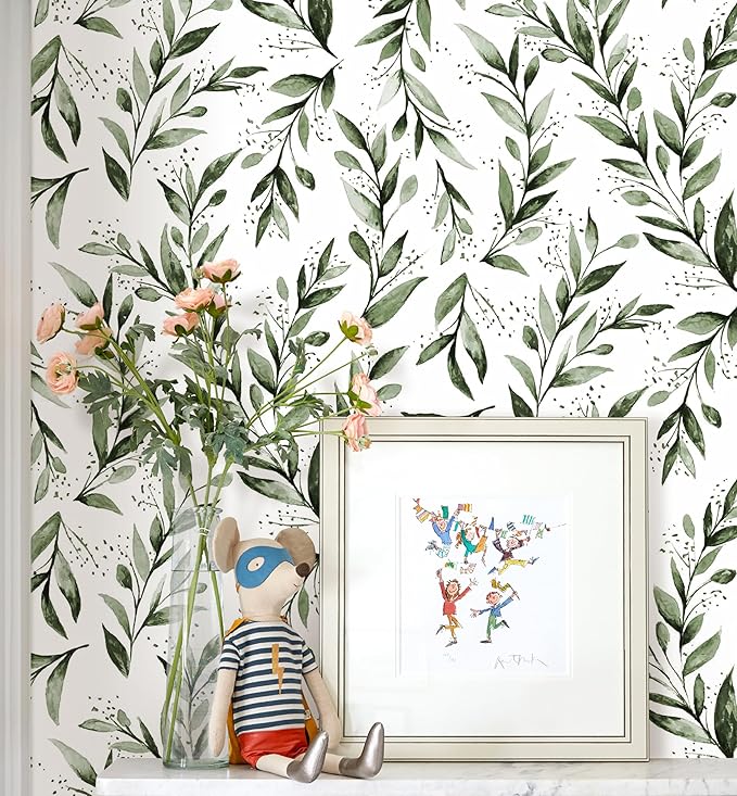 Erfoni Green Leaf Wallpaper Floral Peel and Stick Wallpaper 17.7inch x 196.8inch Greenery Leaves Self Adhesive Contact Paper Peel and Stick Olive Botanical Flowers Wall Paper for Bedroom Decor Vinyl