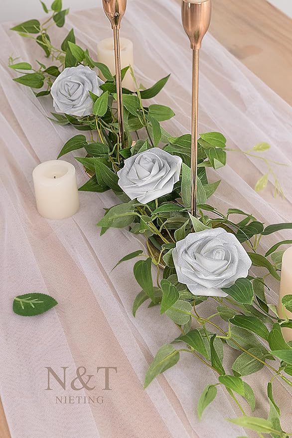 N&T NIETING Artificial Flowers, 25pcs Fake Flowers Roses with Stem for DIY Wedding Bouquets Centerpieces Bridal Shower Party Home Decoration, Silver White