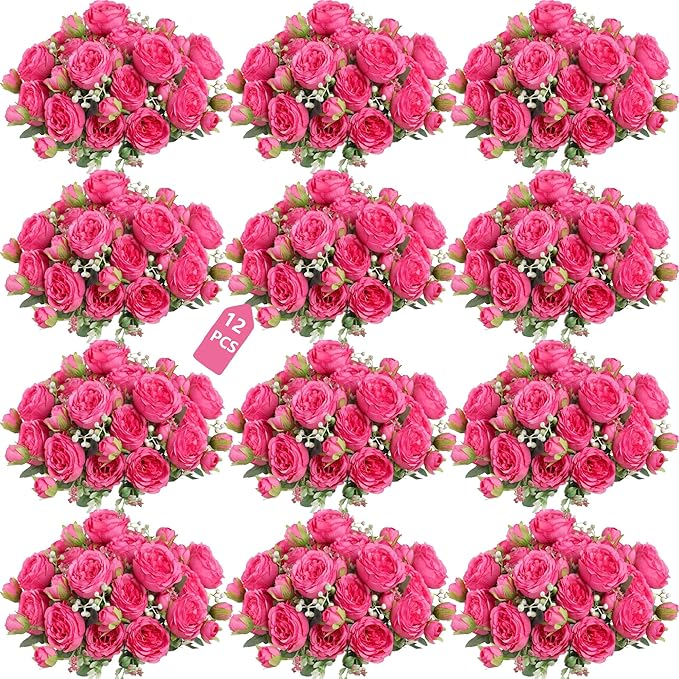 Peonies Artificial Flowers 12 Bundles Pink Flowers Bouquet, Lifelike Silk Fake Peonies with Stems for Home Table Centerpieces, Wedding, Party & DIY Bridal Floral Arrangements (Rose red)