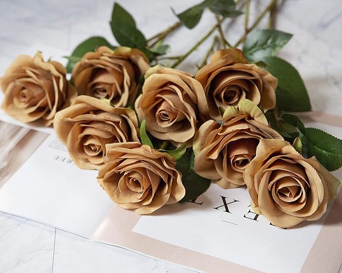 DuHouse 10pcs Fake Roses Artificial Silk Flowers Faux Rose Flower Long Stems Bouquet for Arrangement Wedding Centerpiece Party Home Kitchen Decor (Coffee)