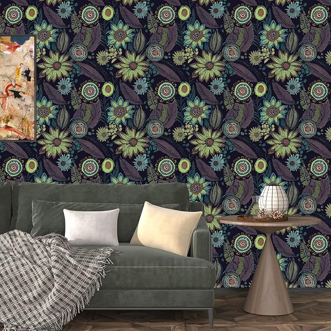 Vintage Boho Wallpaper Peel and Stick, Gothic Floral Contact Paper, Retro Flowers Bohemia Wall Paper Self Adhesive Removable Waterproof for Walls Shelves Cabinet Table 17.5" x 118"(Dark Purple, Green)