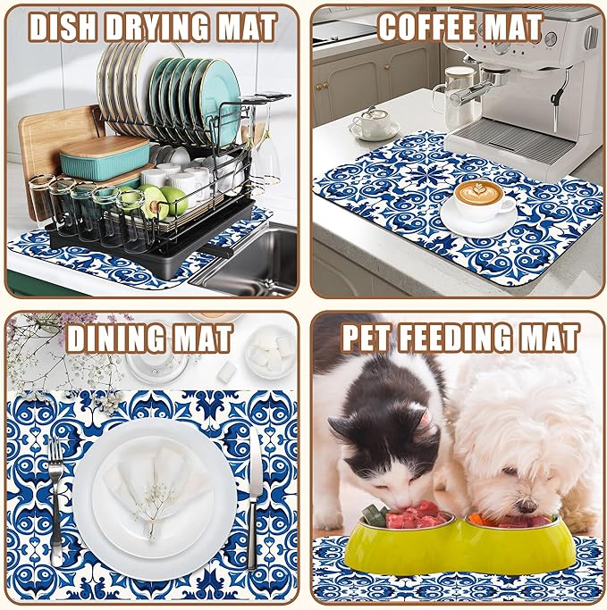 Dish Drying Mat Blue Portuguese Tiles Coffee Bar Mat for Countertop Absorbent Rubber Backed Hide Stain Dish Drainer Rack Pad Espresso Machine Cafe Table Dining Room Decoration 11.8 x 19.7 Inch