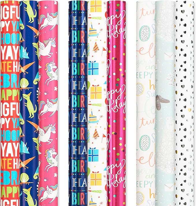 American Greetings Reversible Birthday, Baby, Wedding, and All Occasion Wrapping Paper, Unicorns and Dinosaurs (9 Rolls, 225 sq. ft.)