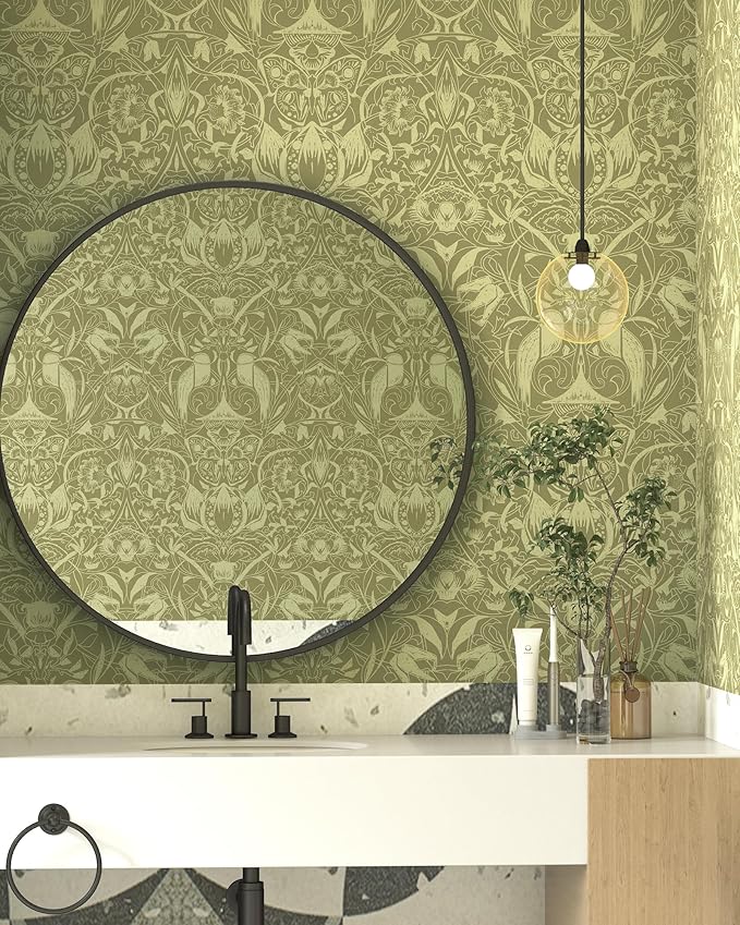 Vintage Peel and Stick Wallpaper Boho Bird Wall Paper Floral Contact Paper for Bedroom 17.3" X 197" Removable Wallpaper Self Adhesive Olive Green Botanical Decorative Wallpapers Bathroom Kitchen Vinyl