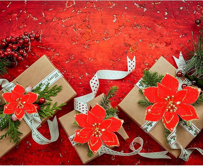 WILLBOND 24 Pcs 3 Size Poinsettia Flower Artificial Christmas Decor Glitter Poinsettia Christmas Ornaments Faux Flowers for Xmas Tree Outdoor(3.2/4/6 Inches,Red)