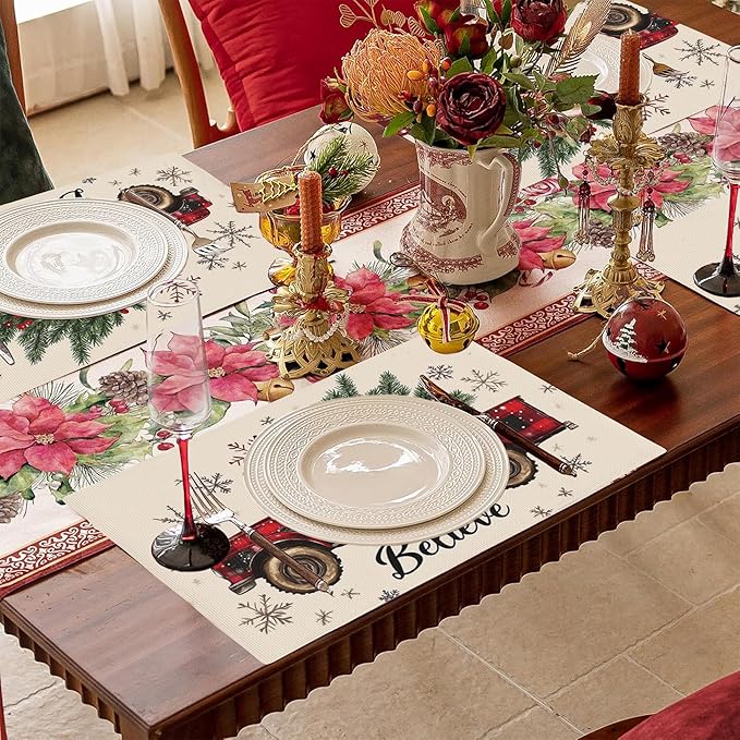 Christmas Truck Carry Tree Placemats Set of 4,Christmas Believe 12x18 Inch Non-Slip Washable Heat Resistant Linen Fabric Table Mats,Place Mats for Holiday Party
