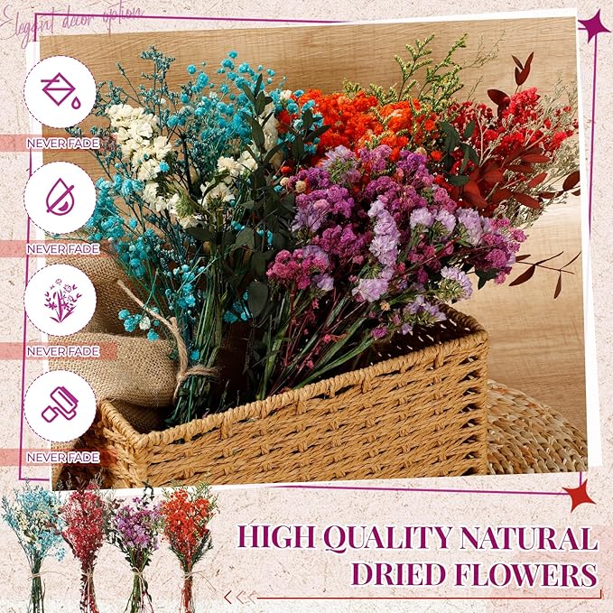 Layhit 4 Pack Large Size Boho Dried Flower Bouquet 15-17 Inch Wedding Handmade Dry Flowers for Vase Crafts DIY Photo Boutonniere for Men Floral Plant for Bridesmaid Gift Birthday Decor(Babysbreath)