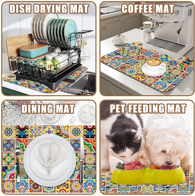 Talavera Mexican Tiles Dish Drying Mat for Kitchen Counter Bar Mat Hide Stain Absorbent Rubber Backed Coffee Mat Maker Espresso Machine Bar Accessories 15.7 x 23.6 Inch