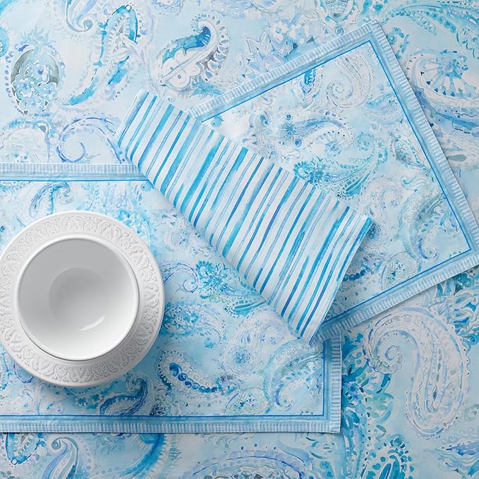 Maison d' Hermine Placemat 100% Combed Cotton Premium Set of 4 Decorative Washable Place Mats Table Cloth Placemat, Dining, Kitchen, Parties & Camping - Paisley Blues (13"x19")