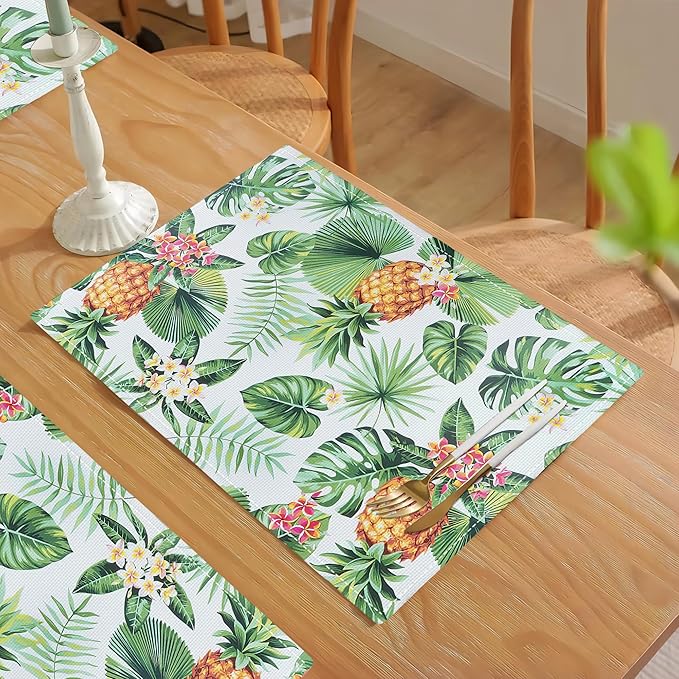Pineapple Placemats Set of 4 Tropical Palm Leaves Plants Table Mats Washable Place Mats for Home Party Indoor Kitchen Dining Table Decoration 12x18 Inch