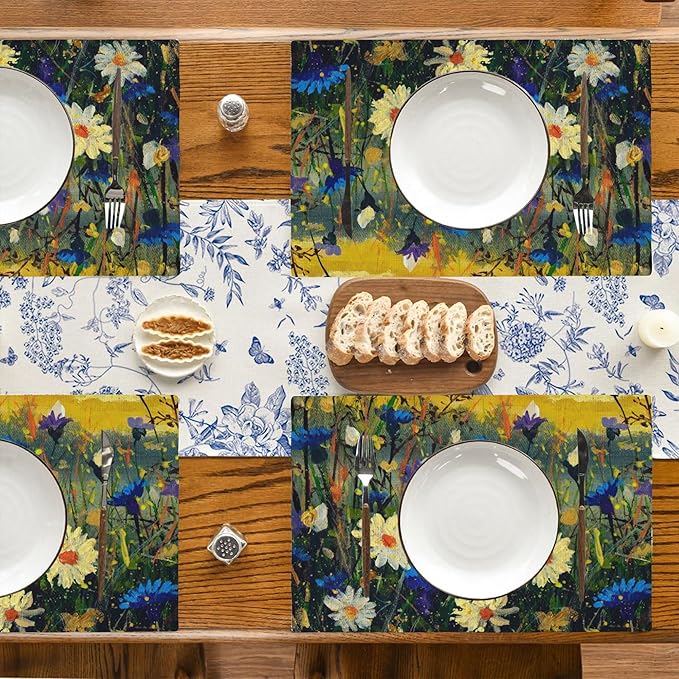 Watercolor Daisies Placemats Set of 4,Blue Cornflowers 12x18 Inch Non-Slip Washable Heat Resistant Linen Fabric Table Mats,Place Mats for Holiday Party
