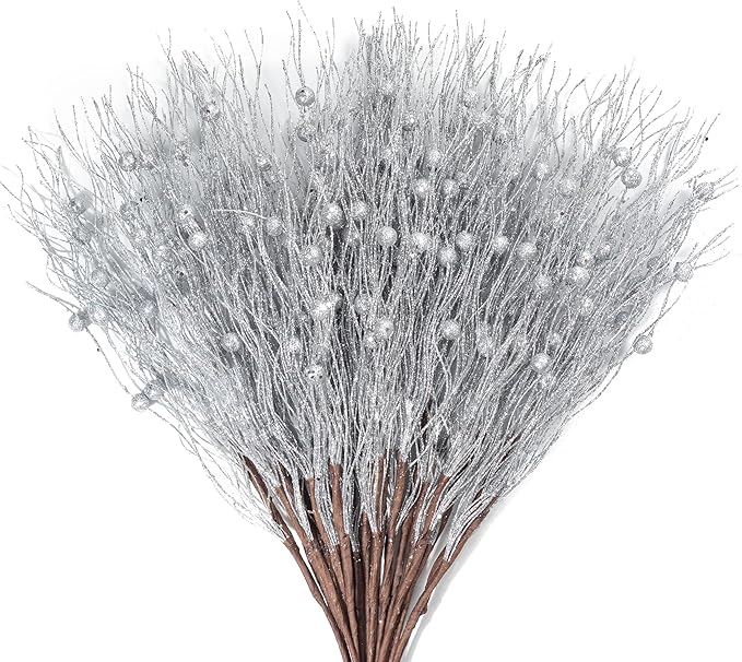 KI Store Silver Christmas Picks Sprays Set of 20 Glittered Twigs Decor for Christmas Tree Decoration Topper Floral Arrangement