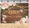 SVBright Cowgirl First Birthday Backdrop 7Wx5H Retro Western Rustic Country Pink Flower Wood Hat Happy Birthday Baby Shower Wooden Plank Decorations Photography Background Banner Photo Booth Studio