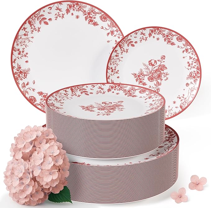 Trendables Plastic Plates For Party Supplies, Floral Disposable Plates For Party & Weddings 40 Pcs - 20 x 8 Dessert Plates & 20 x 10 Plastic Dinner Plates, Plate Set Disposable Dinnerware Sets