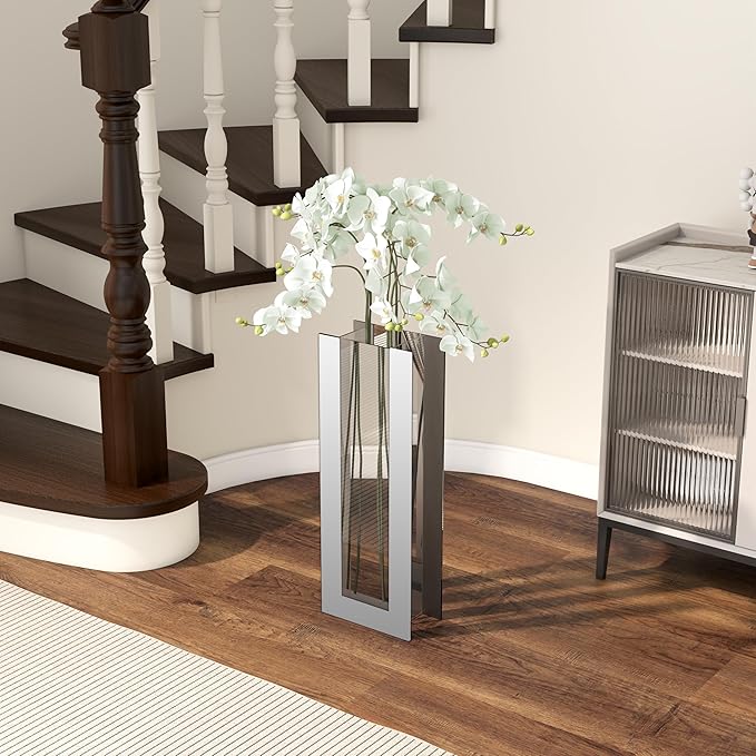 Large Floor Vase, 23.74“ Tall Mirrored Vase Glass for Floor Silver Rectangular Decorative Vases Modern for Luxury Living Room Hallway Corner Decor