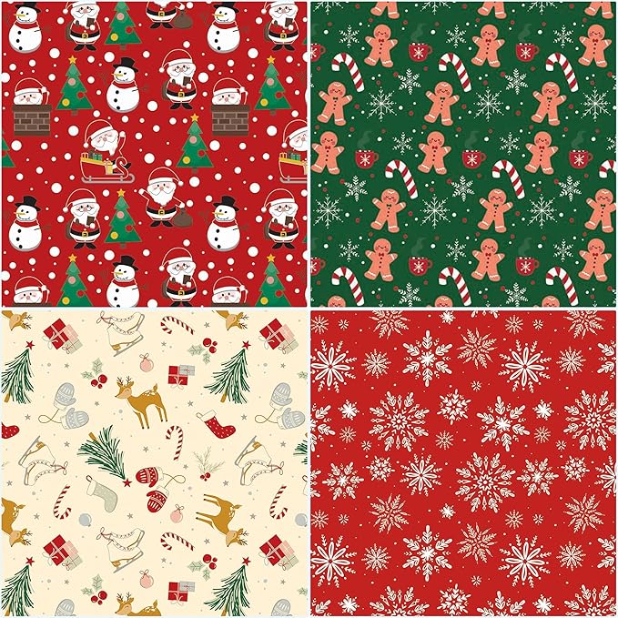 Christmas Wrapping Paper Set of 4 Rolls (148 sq. ft. ttl) With Colorful Holiday Patterns Santa Claus, Reindeer, Christmas Tree, Snowman, snowflakes for Gifts - 30 inches x 14.8 feet Per Roll