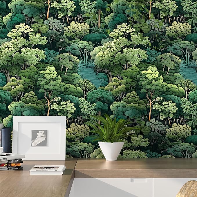 Forest Wallpaper Peel and Stick, Green Trees Contact Paper, Vintage Woodland Mountain Botanical Wall Paper Self Adhesive Waterproof Removable for Room Shelves Cabinet Drawer Table Decor 17.5" x 78.7"
