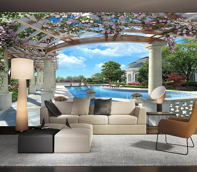Cliouar-Backyard Villa with Swimming Pool Wall Mural Wallpaper Peel and Stick 160" x 114"