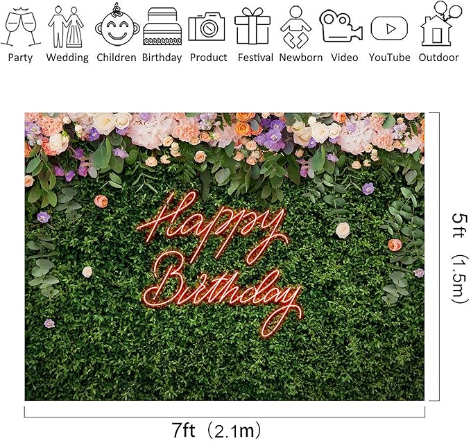 Riyidecor Green Leaves Happy Birthday Backdrop Polyester Fabric for Woman Neon Spring Flower Wall Floral Blossom Plant Botanical 7Wx5H Feet Nature Photography Background Birthday Photo Studio Shoot