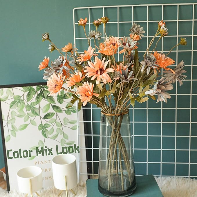 12pcs Gerbera Daisy Artificial Flowers 20 Inch Long Stem Artificial Daisy Mums for Home Décor Centerpiece Wedding Bridal Bouquet DIY(Deep Champagne)