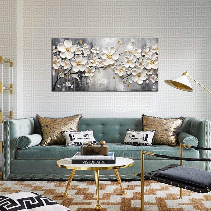 Flower Pictures Wall Art for Bedroom Women - White Canvas Wall Art for Living Room - Girls Room Decor Ready to Hang Size 20" x 40"
