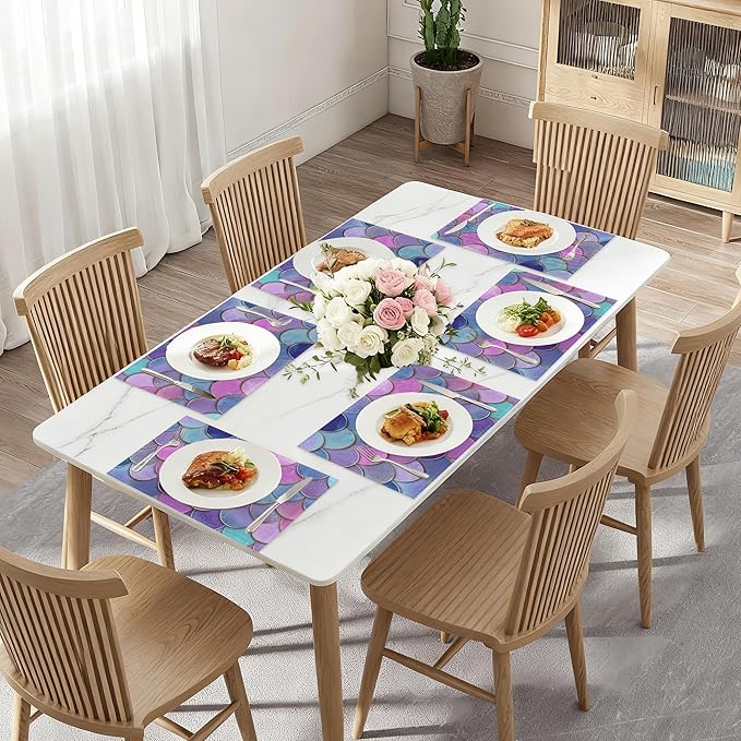 Glitter Fish Scales Placemat Set of 6,Mermaids Heat Resistant Linen Table Mats for Indoor Outdoor Home Kitchen Dining Room Table 12x18Inch