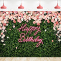 Riyidecor Green Leaves Happy Birthday Backdrop Polyester Fabric Neon Pink Floral Rose Flower Blossom Botanical Plant Nature 8Wx6H Feet Girls Women Photography Background Birthday Photo Studio Shoot