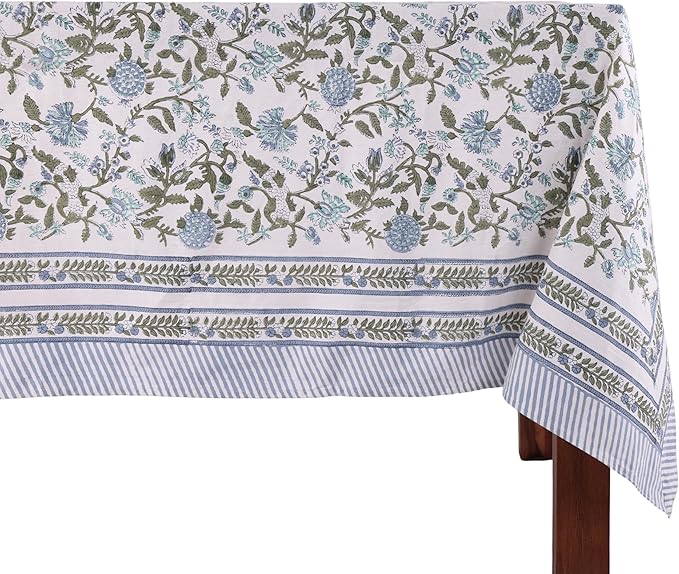 ATOSII Mahoka Blue 100% Cotton Fall Tablecloth, Handblock Floral Linen Table Cloth for Kitchen Dining Table I Parties Weddings Outdoors Easter Valentine's Gift I 60 X 108 Inches I 8 Seater