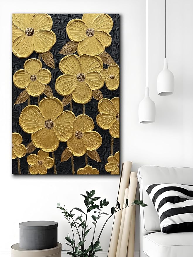 moshinart 24 x 36in Hand-Painted Oil Painting 3D Texture Black White Grey Modern Minimalist Black Abstract Wall Art, Home Office Wall Decoration Gold Petal