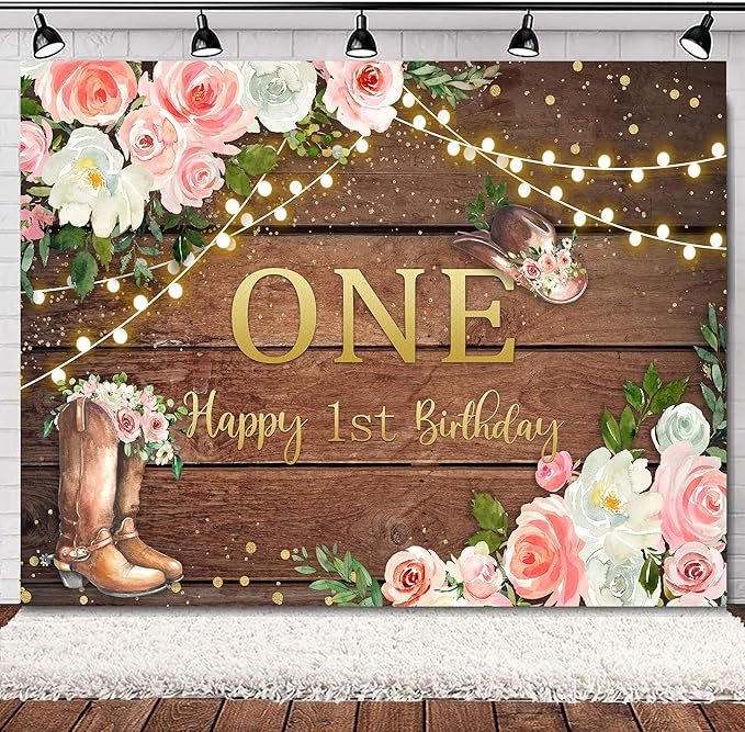 SVBright Cowgirl First Birthday Backdrop 8Wx6H Western Rustic Country Retro Wooden Plank Pink Flower Wood Hat Happy Birthday Baby Shower Decorations Photography Background Banner Photo Booth Studio