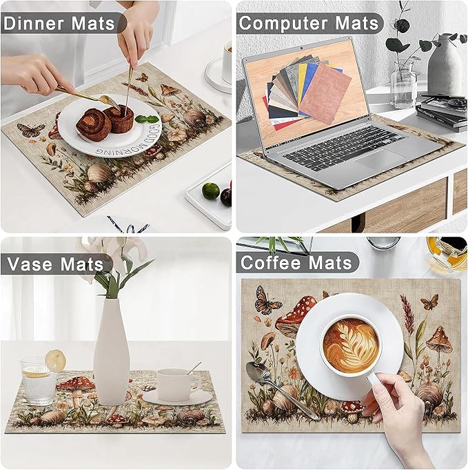 Rustic Mushroom Placemats Set of 4 Washable Table Mats Vintage Botanical Leaf Heat-Resistant Cotton Linen Place Mats for Dining Table Kitchen Indoor Outdoor Party Holiday Decor