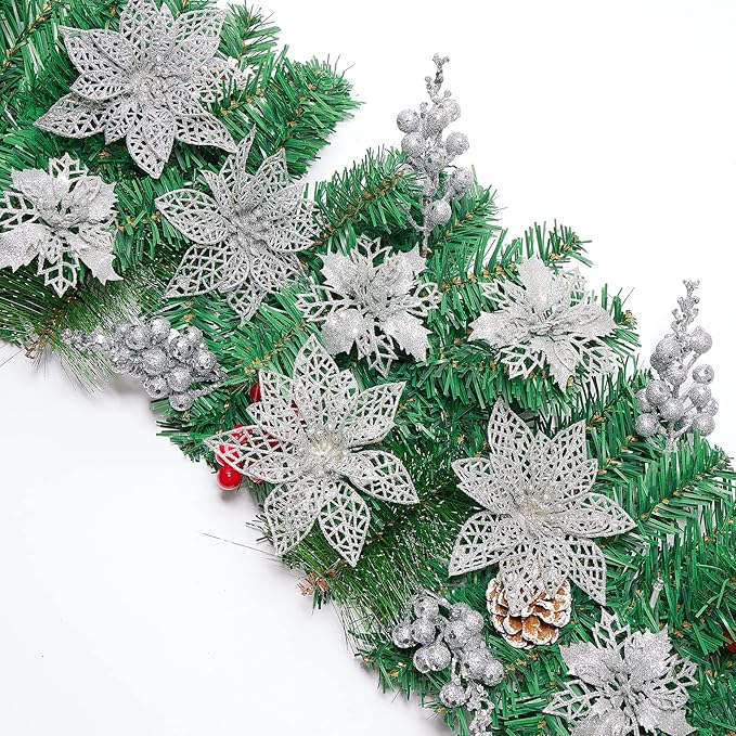 Zhuqing 22Pcs Christmas Poinsettia Artificial Flowers and Glitter Berries Stems Kit, 16Pcs Christmas Tree Flowers Ornaments and 6 Pack Christmas Tree Picks for Wedding Holiday Decorations (Silver)